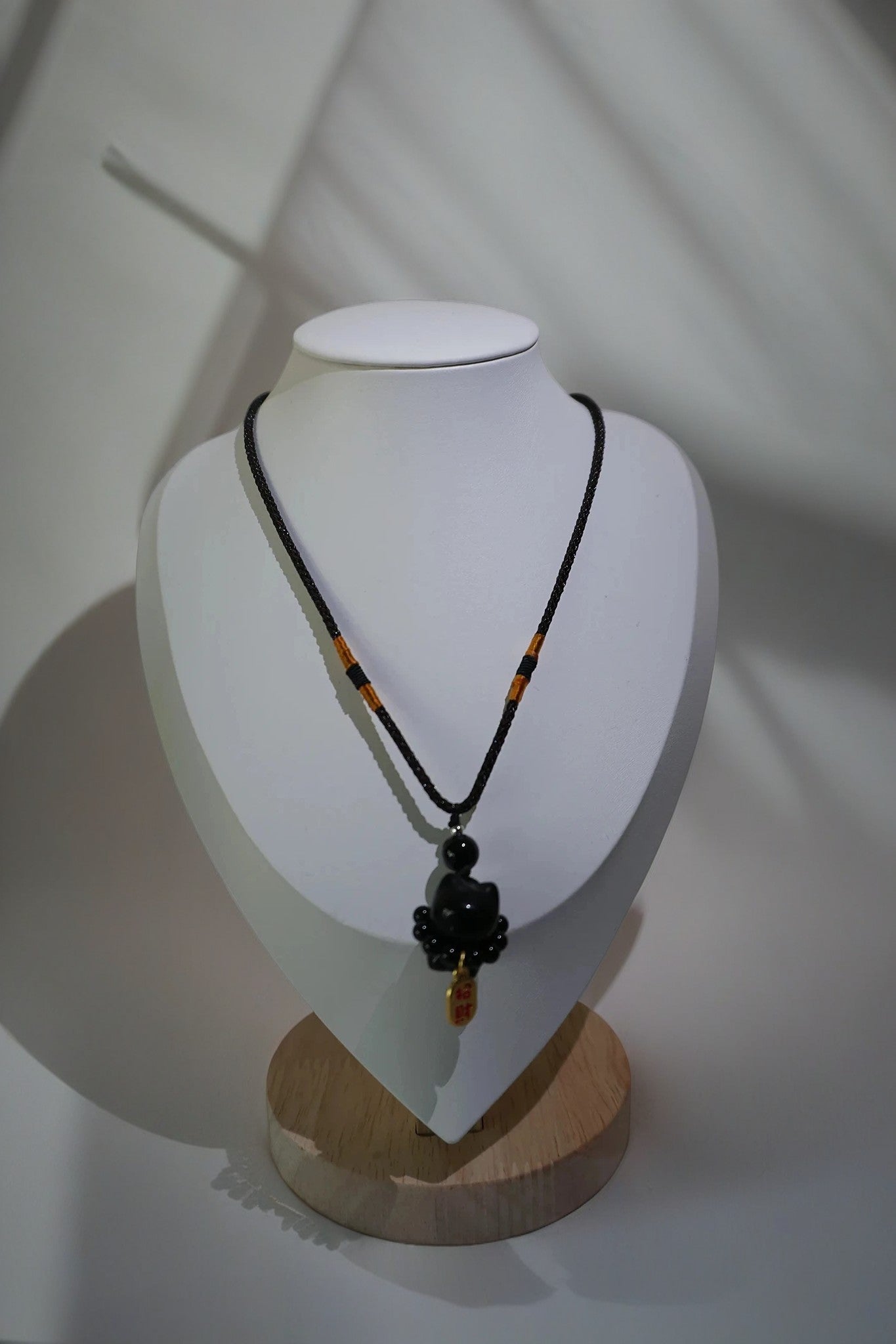 Black Quartz Maneki-Neko Pendant Necklace