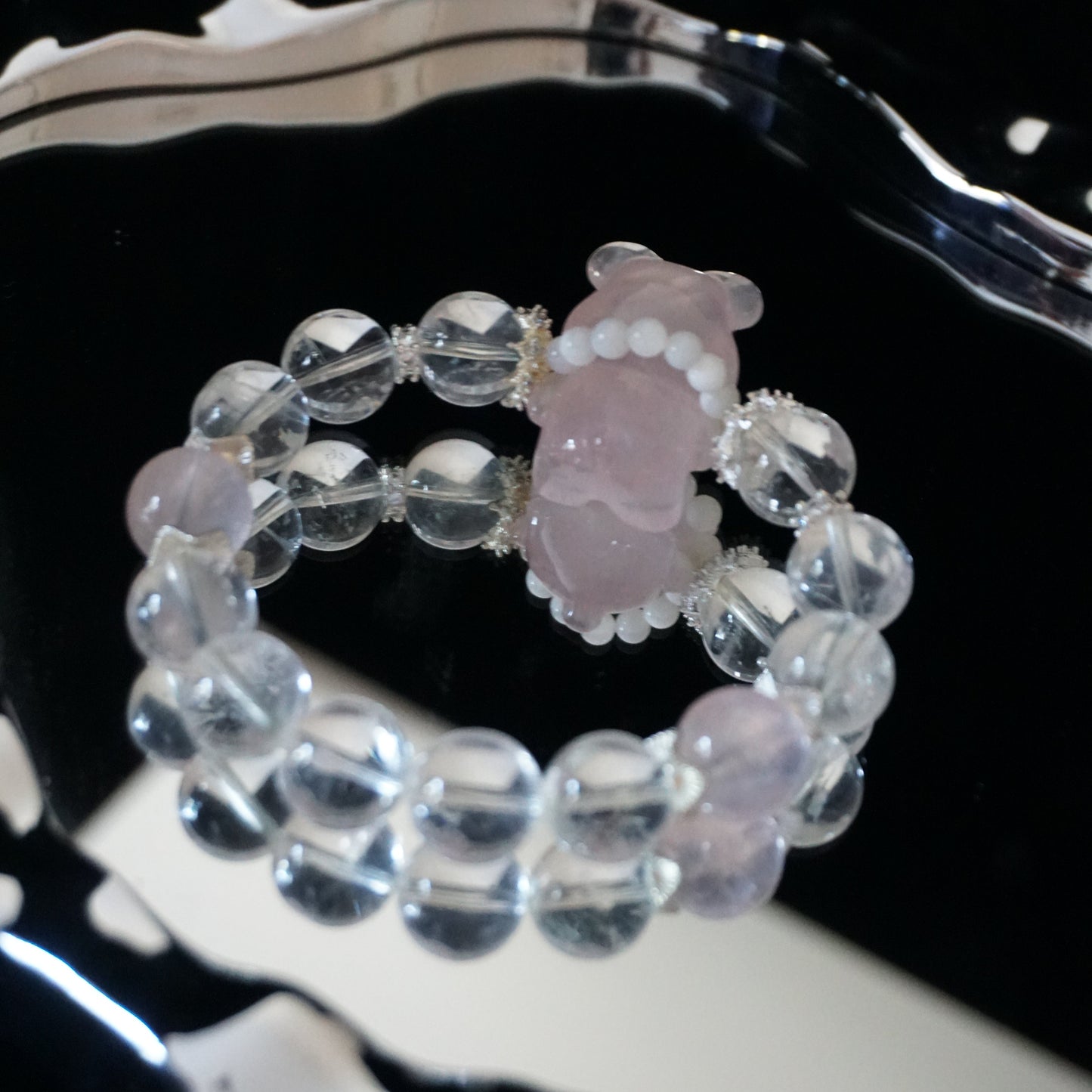 Clear Quartz Rose Quartz Bear Charm Bracelet
