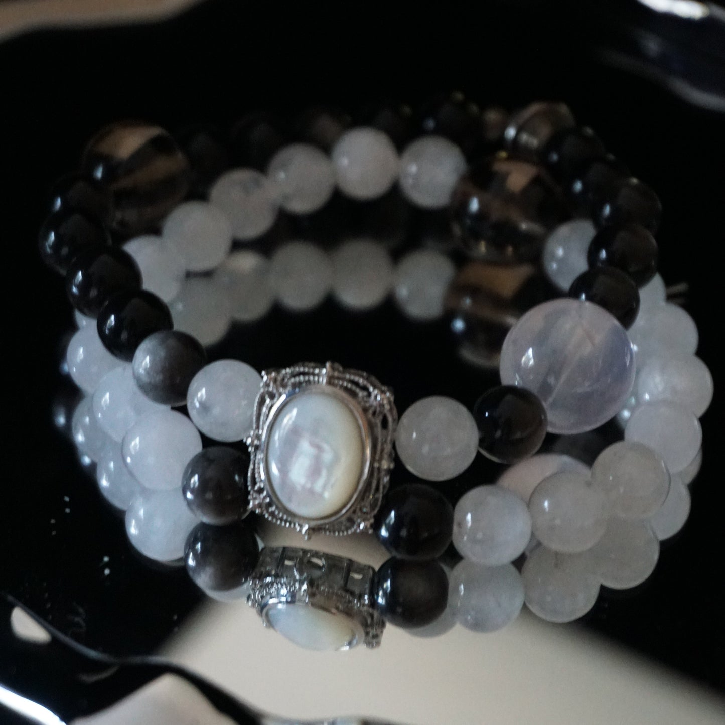 White Phantom Quartz, Silver Sheen Obsidian&Fritillaria bracelet