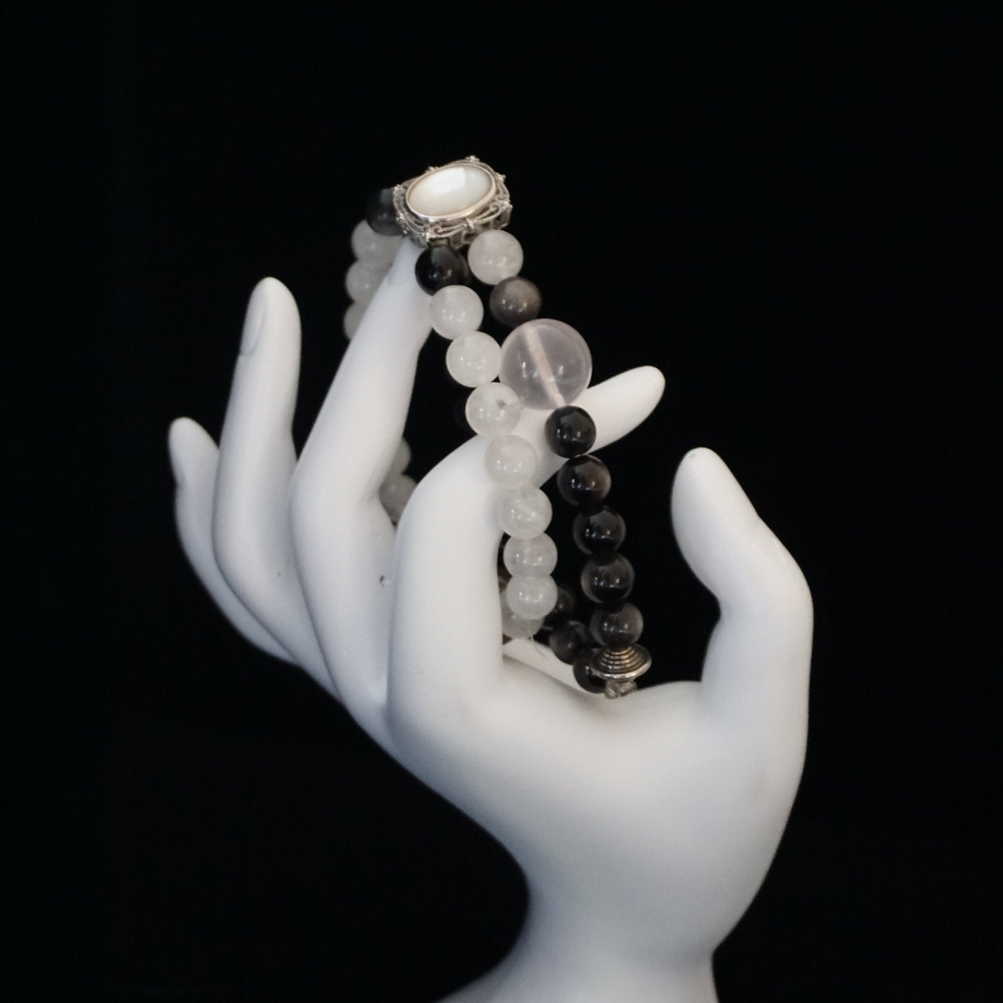 White Phantom Quartz, Silver Sheen Obsidian&Fritillaria bracelet