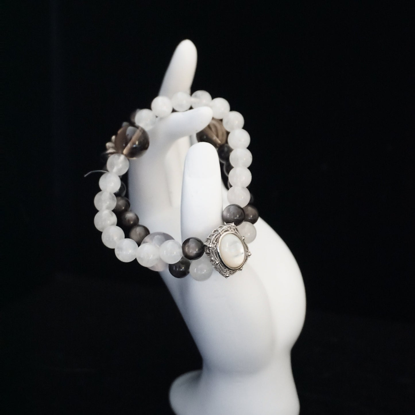 White Phantom Quartz, Silver Sheen Obsidian&Fritillaria bracelet