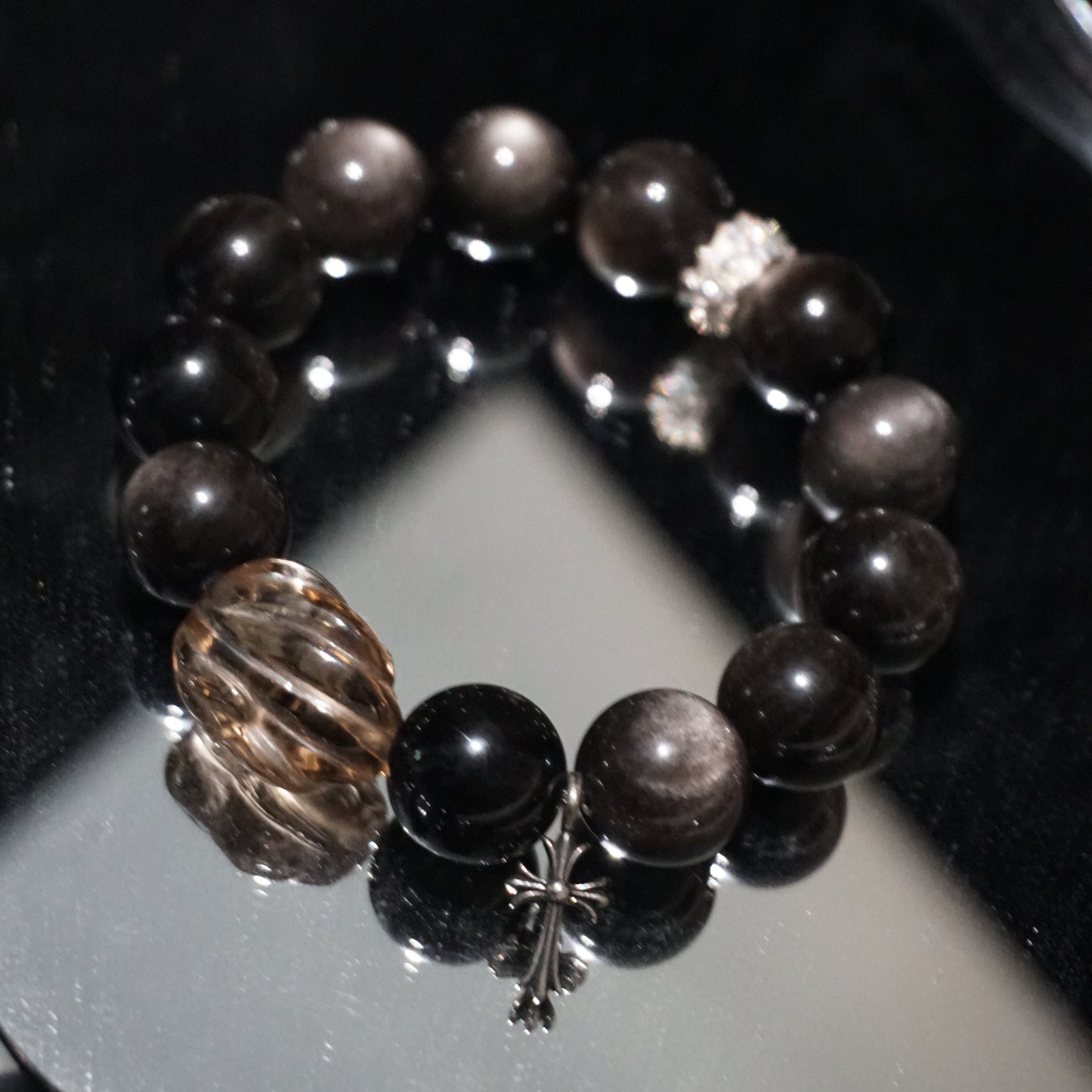 Silver Sheen Obsidian Cross & Fox Charm Bracelet