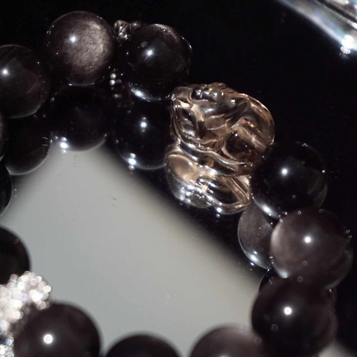 Silver Sheen Obsidian Cross & Fox Charm Bracelet
