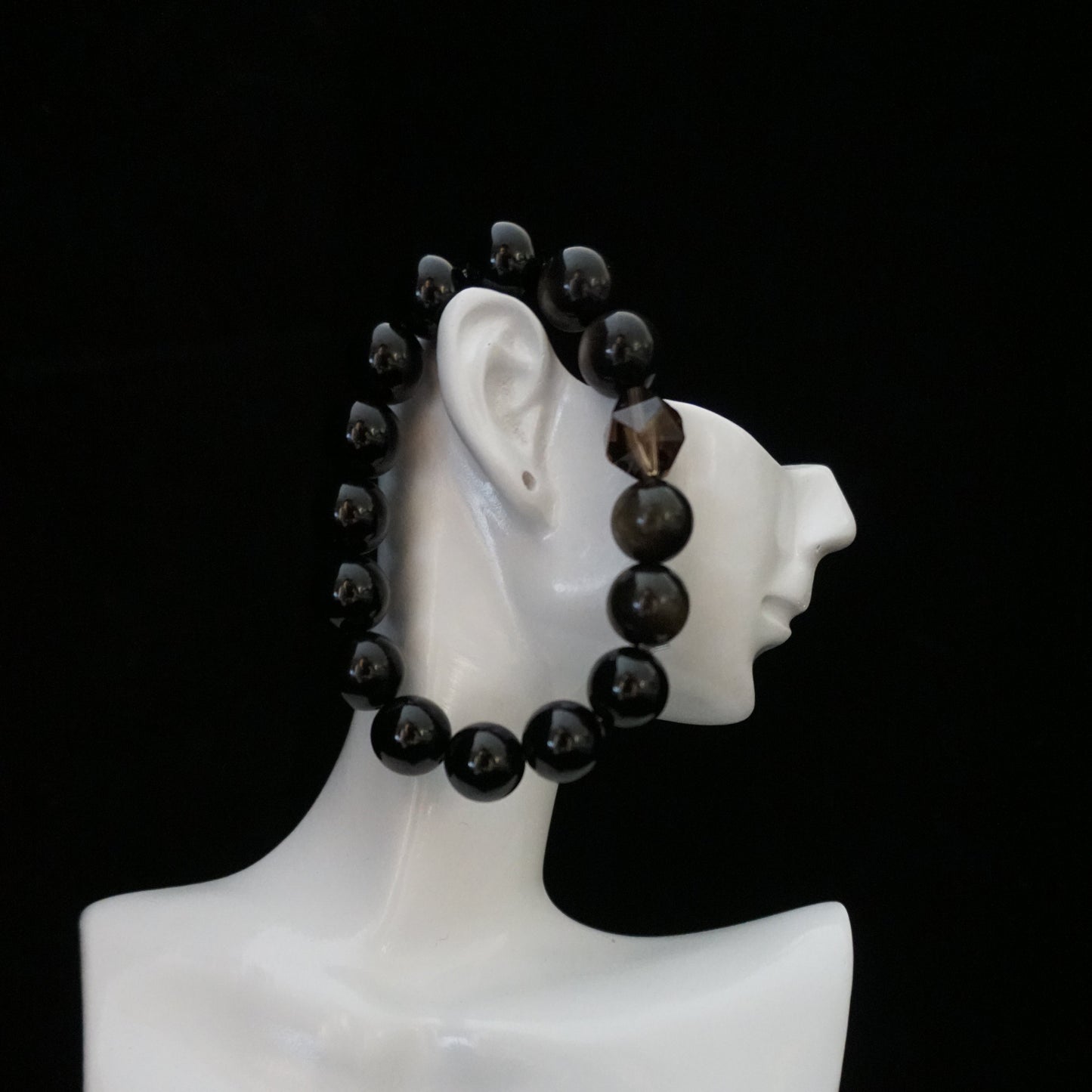 Black Onyx, Silver Sheen Obsidian, and Smoky Quartz Bracelet
