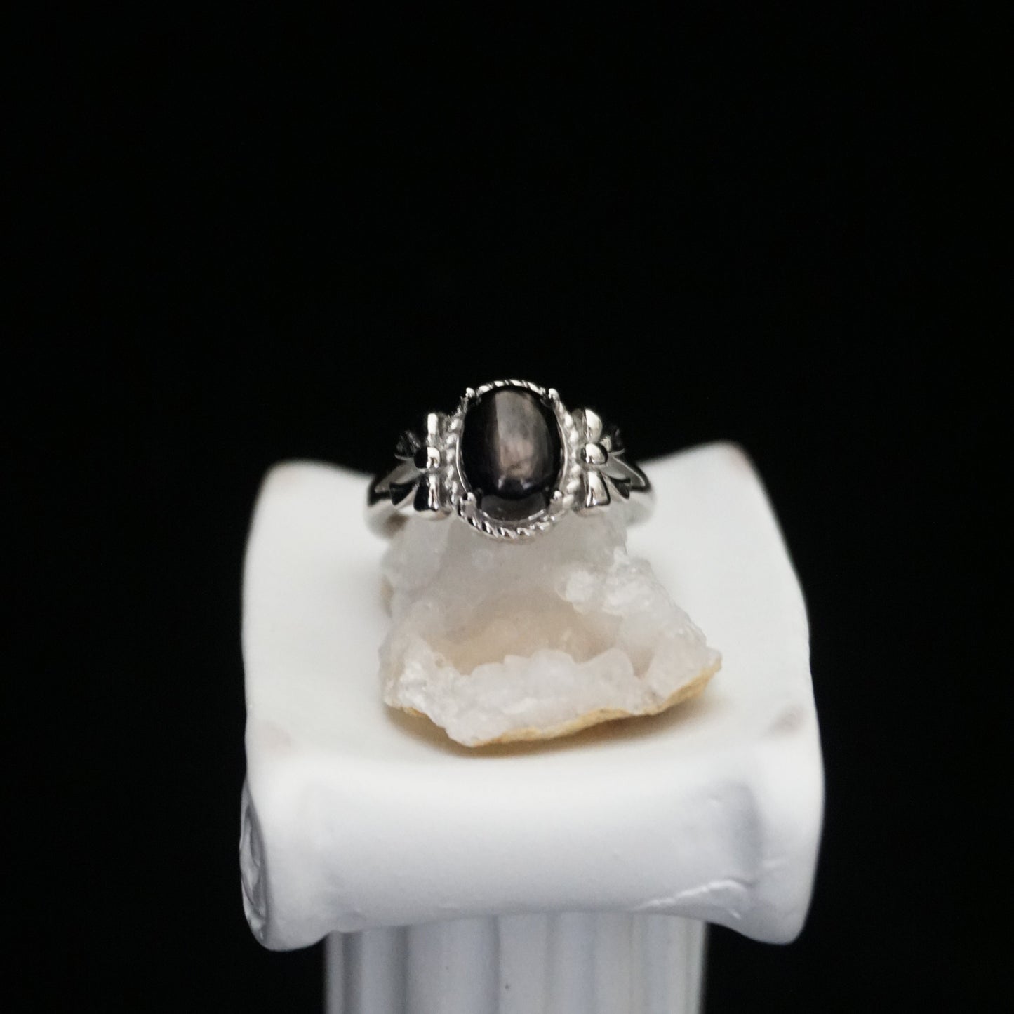 Silver Sheen Obsidian Cabochon Open Ring