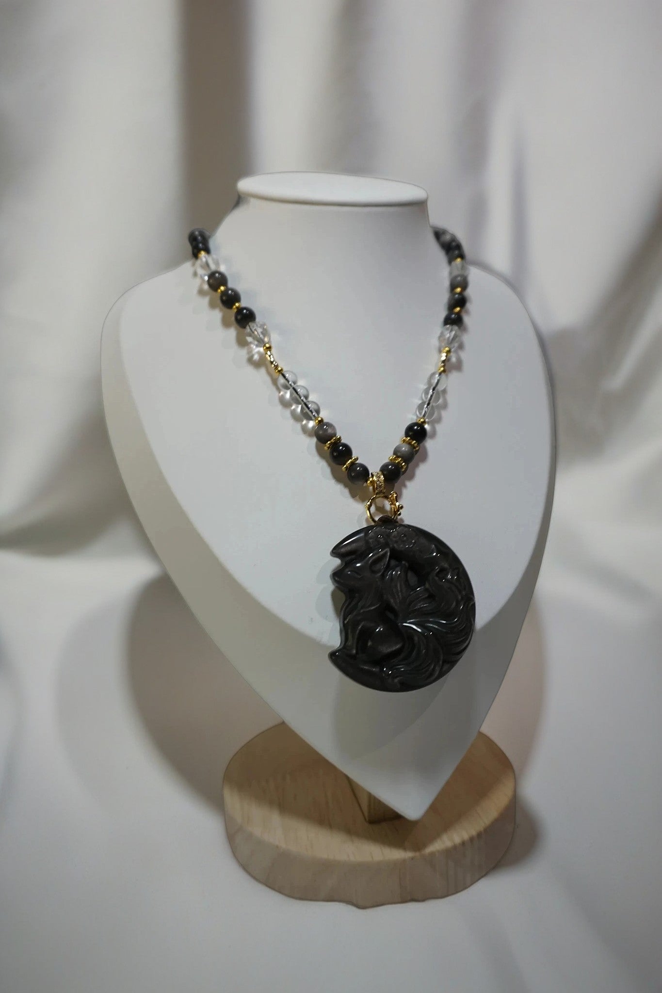 Black Quartz Fox Pendant Necklace