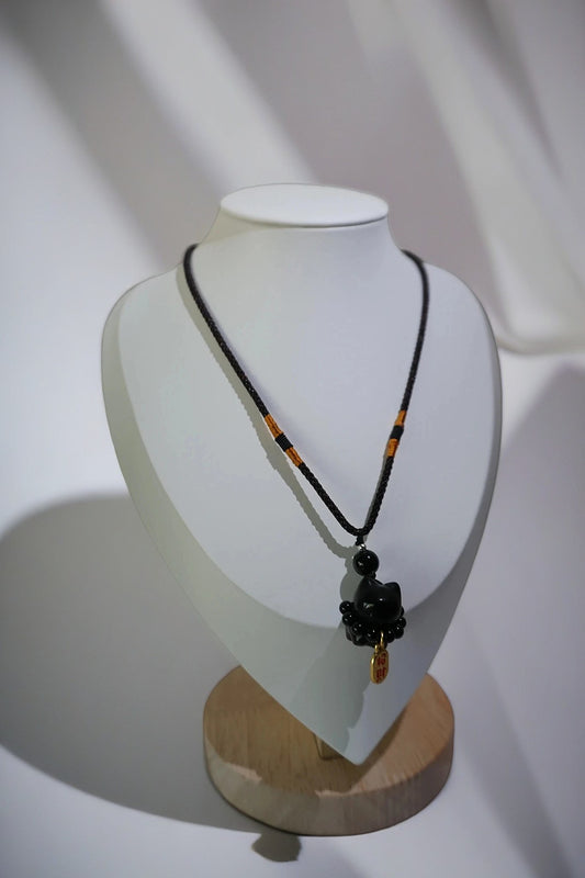 Black Quartz Maneki-Neko Pendant Necklace