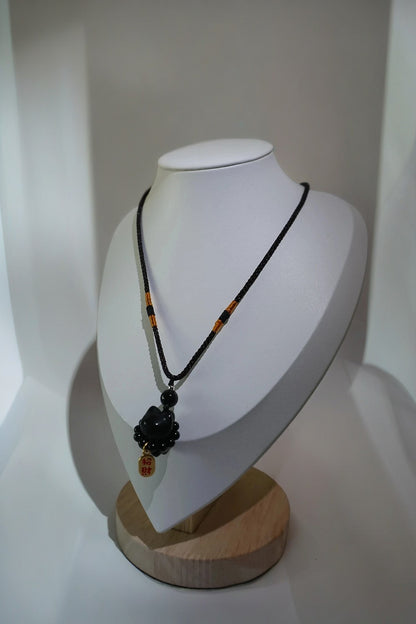 Black Quartz Maneki-Neko Pendant Necklace