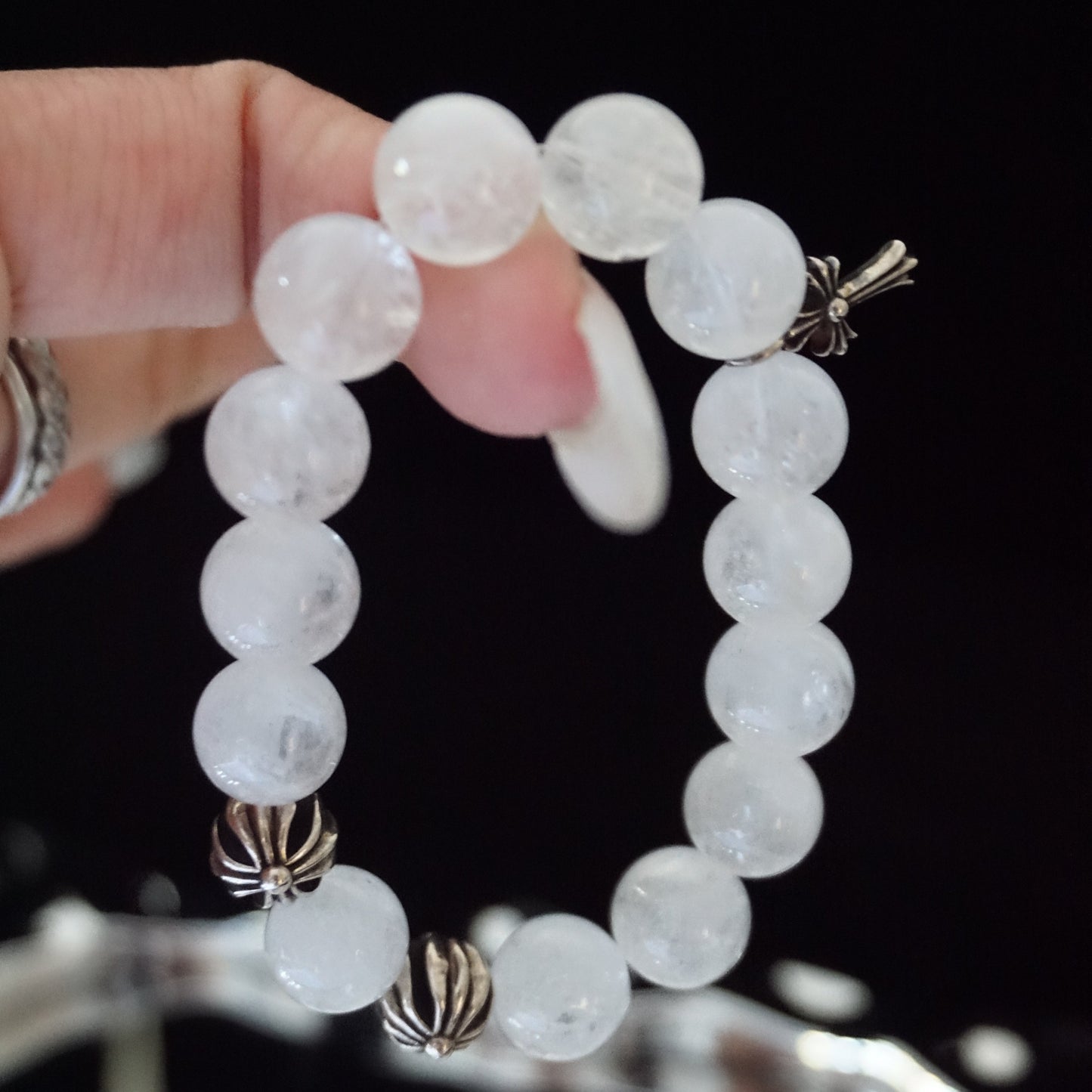 White Phantom Quartz Cross Charm Bracelet