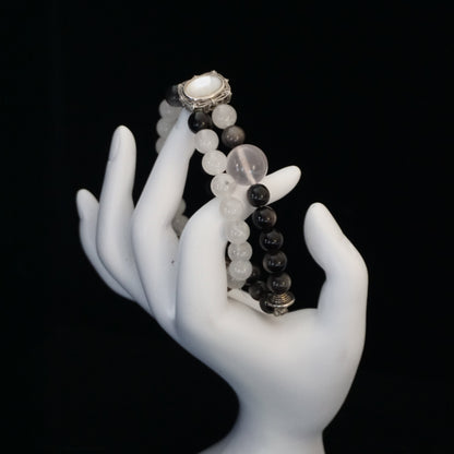 White Phantom Quartz, Silver Sheen Obsidian&Fritillaria bracelet