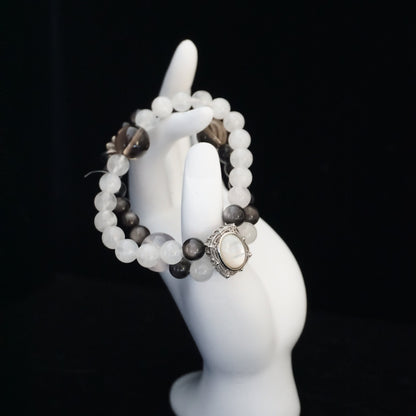 White Phantom Quartz, Silver Sheen Obsidian&Fritillaria bracelet