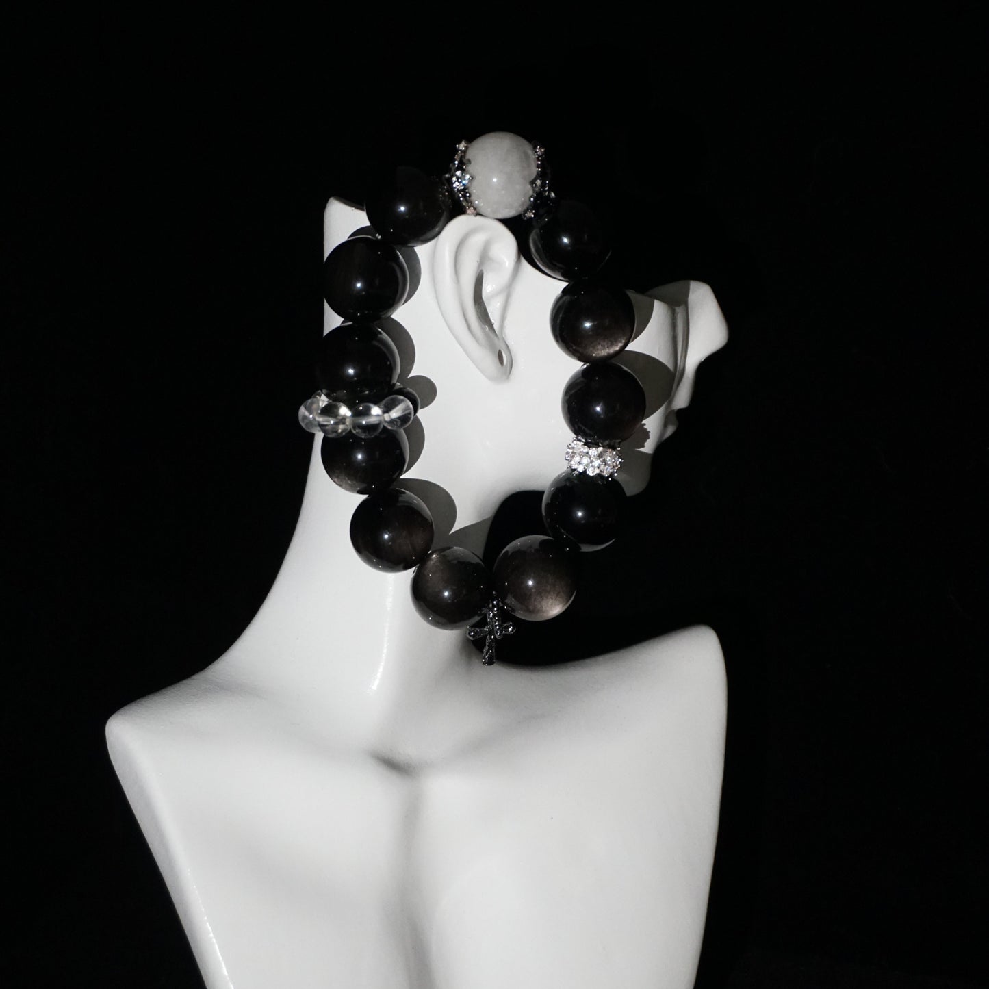 Silver Sheen Obsidian and Clear Quartz Beaded Bracelet