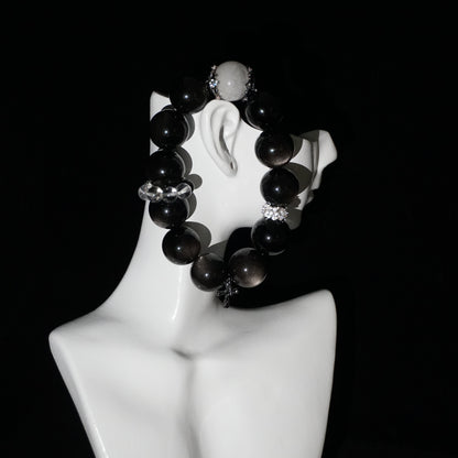 Silver Sheen Obsidian and Clear Quartz Beaded Bracelet