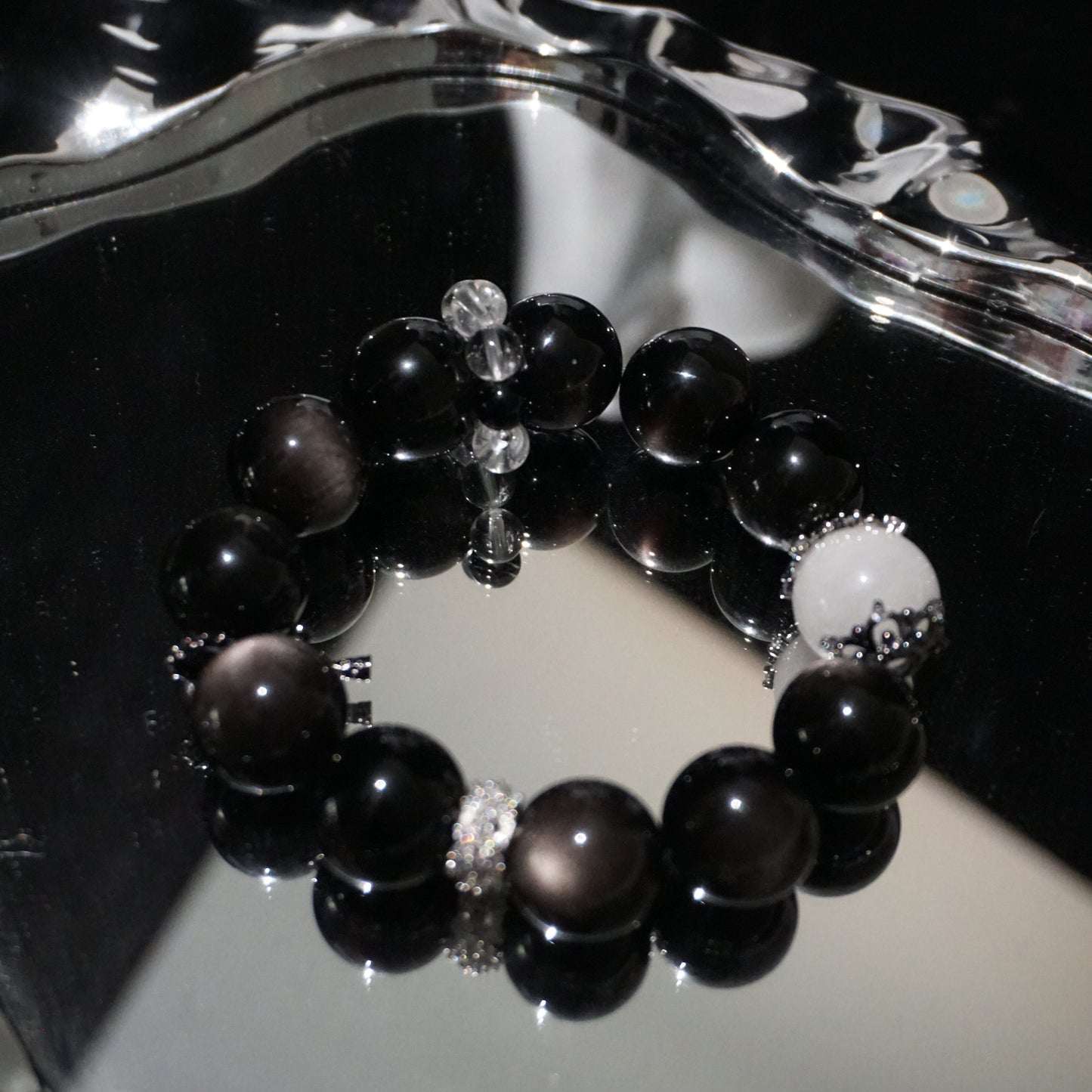 Silver Sheen Obsidian and Clear Quartz Beaded Bracelet