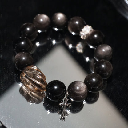 Silver Sheen Obsidian Cross & Fox Charm Bracelet