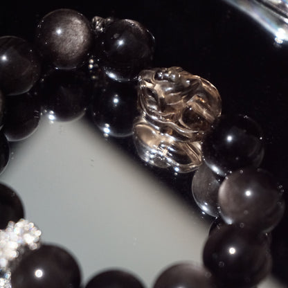 Silver Sheen Obsidian Cross & Fox Charm Bracelet