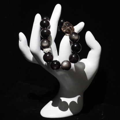 Silver Sheen Obsidian Cross & Fox Charm Bracelet