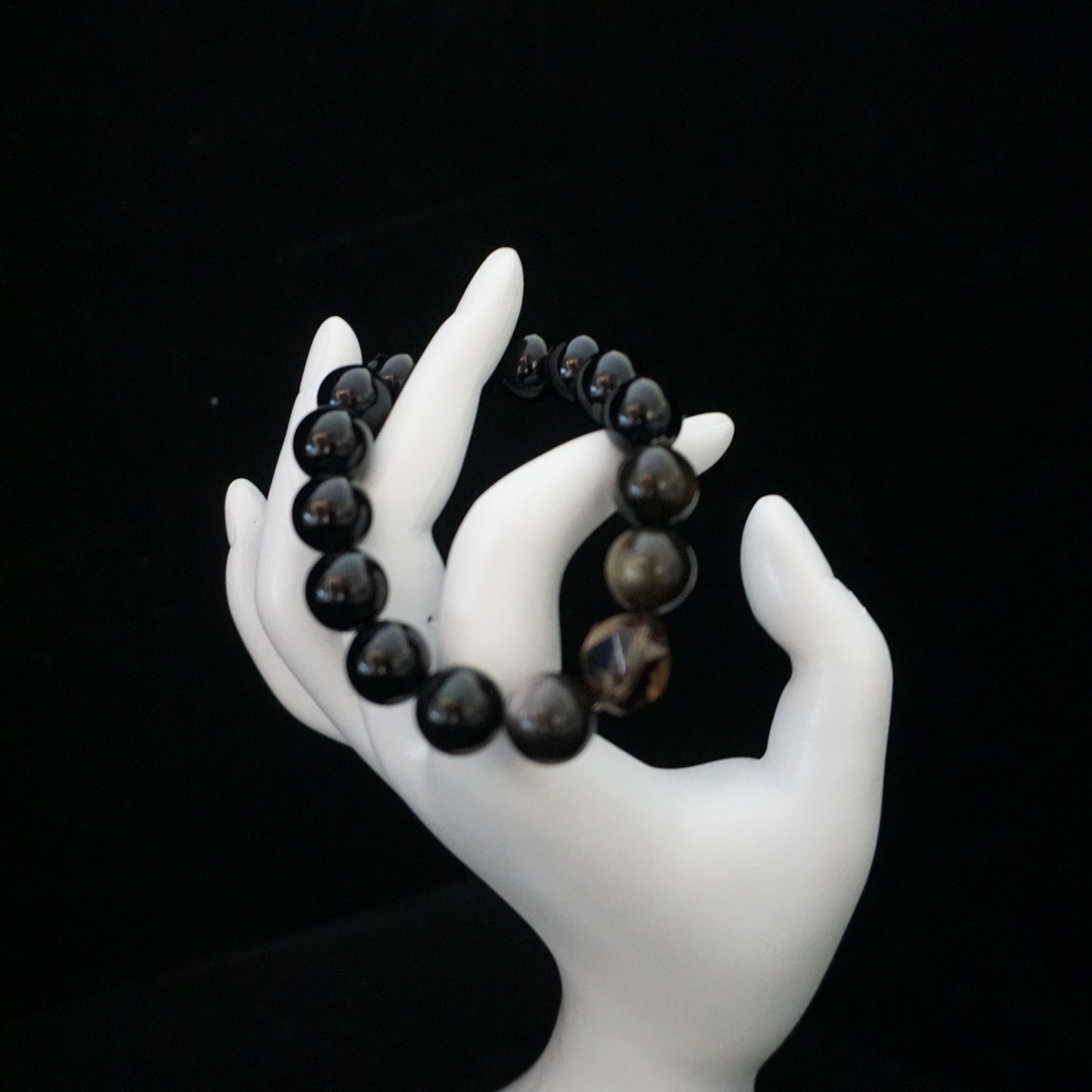 Black Onyx, Silver Sheen Obsidian, and Smoky Quartz Bracelet