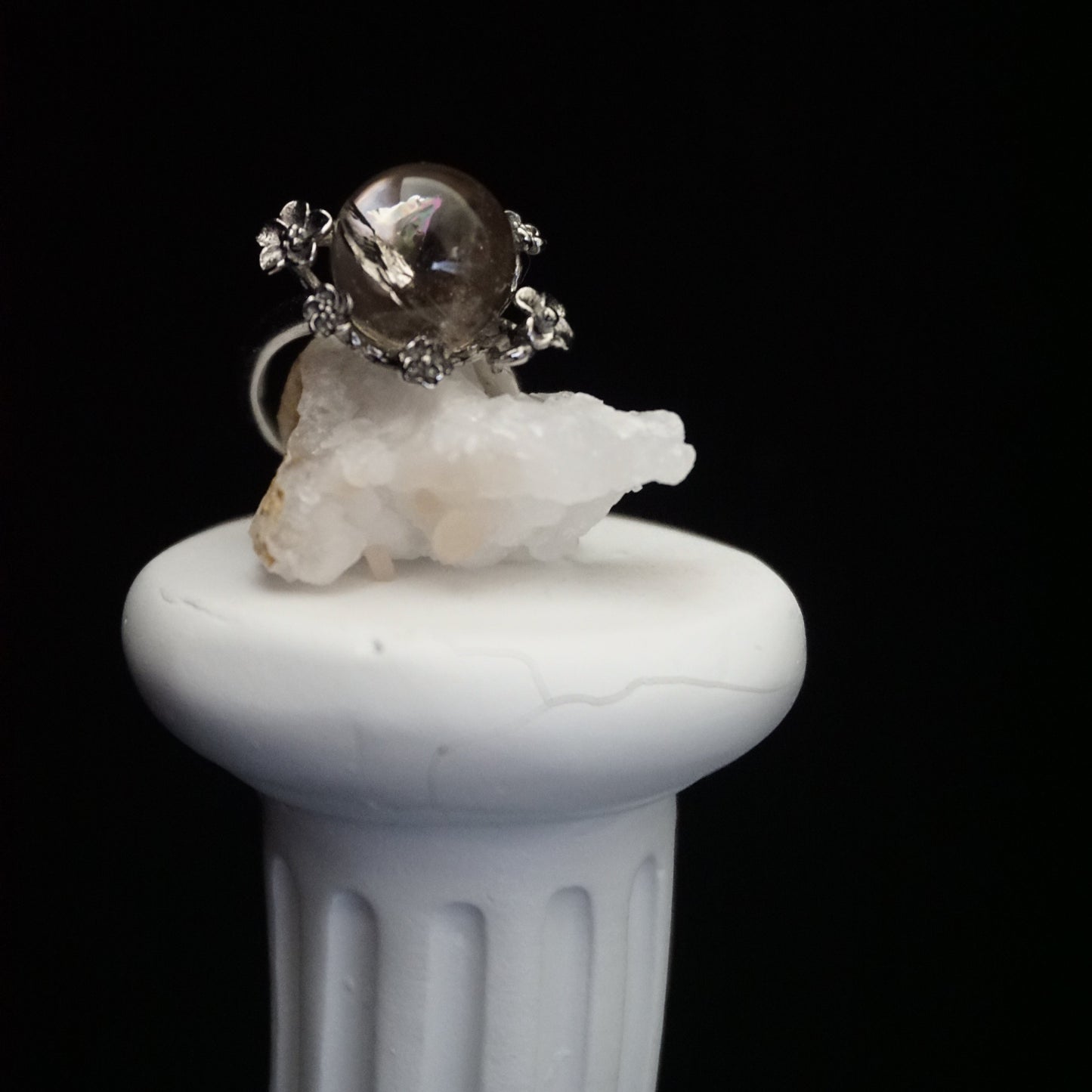 Smoky Quartz Beaded Open Ring
